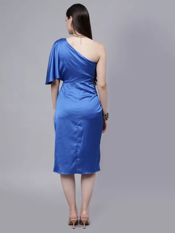 Buy Off Shoulder Satin Midi Dress  S Blue at Best Price