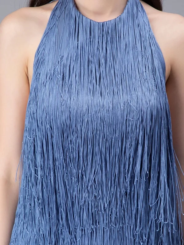 Shop for Halter Backless Tassels Dress S Blue Online