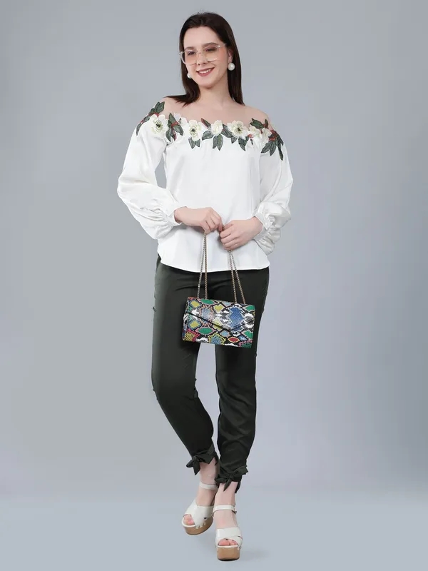 Flower Embroidery Satin Blouse S Beige