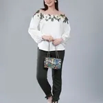 Flower Embroidery Satin Blouse S Beige