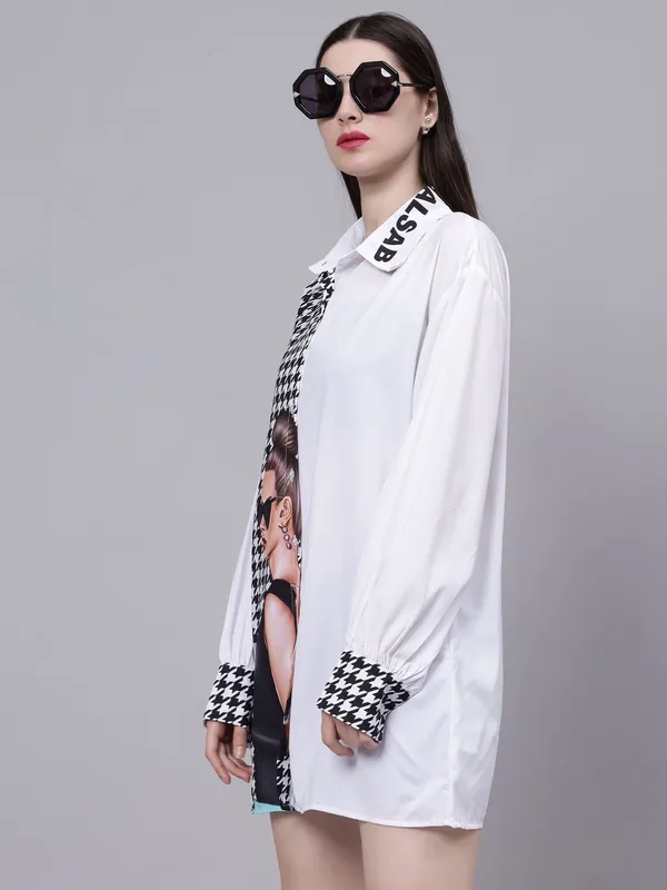 Buy Houndstooth Pattern Oversized Shirt One Size White-Black Online