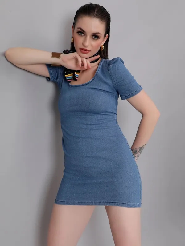 Chic Bodycon Short Denim Dress S Blue