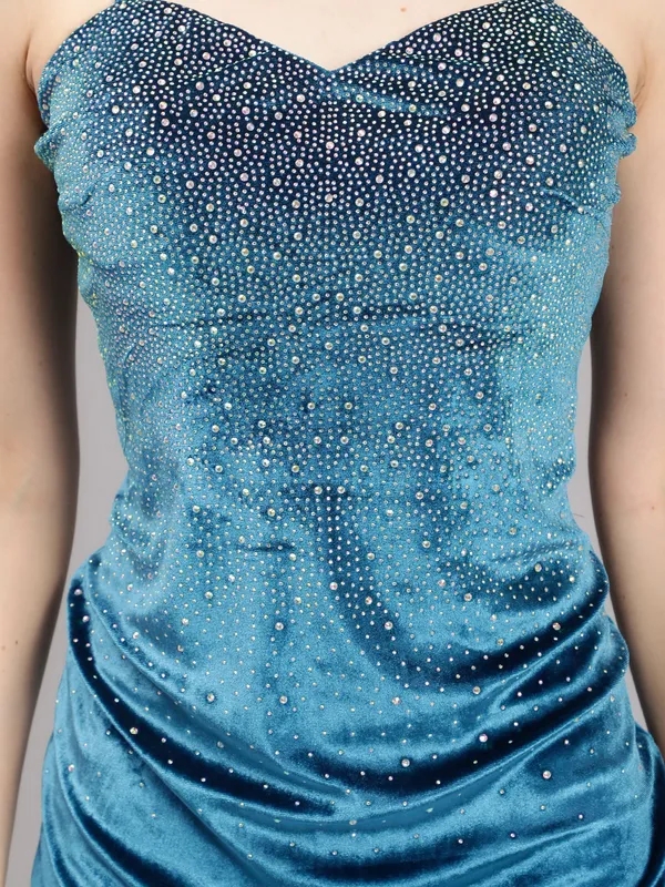 Buy Rhinestones Studded Velvet Strappy Dress One Size Sea Blue Online