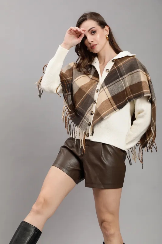 Plaid Cape Knitted Cardigan One Size White