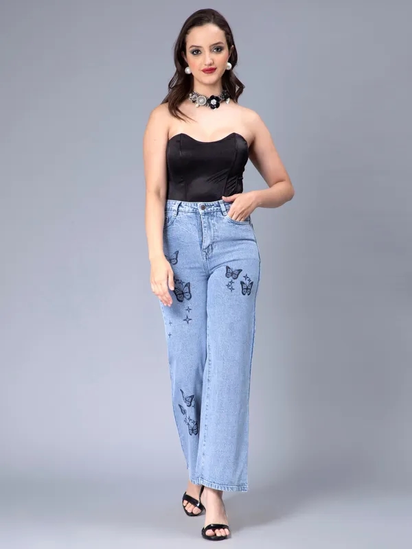 Buy Stylish Butterfly Print Jeans S Blue Stone Online