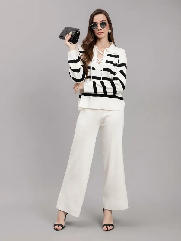 Striped Knitted Two Piece Set One Size Off-White