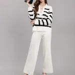 Striped Knitted Two Piece Set One Size Off-White