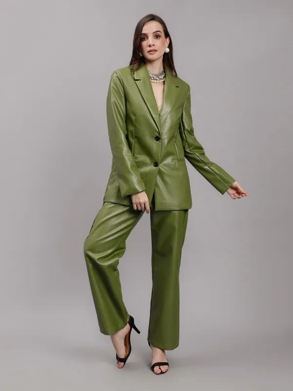 Faux Leather Formal Two Piece Set M Green