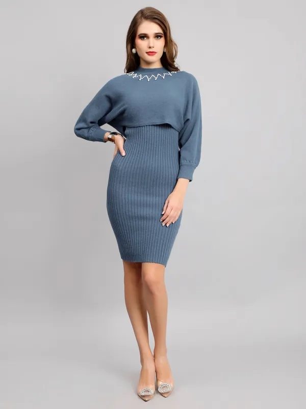 Pearl Embellished Winter Knitted Two-Piece Set One Size Blue