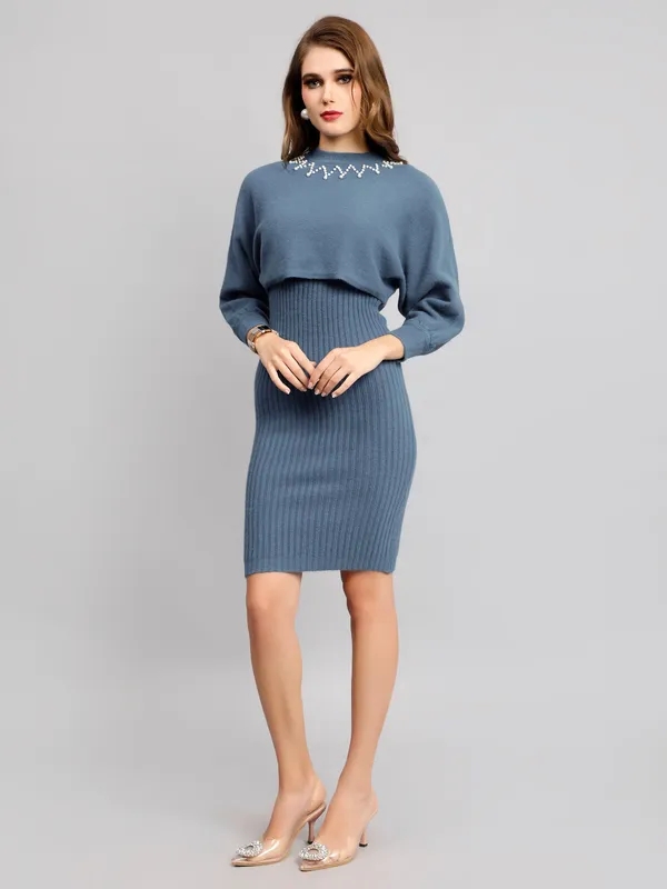 Shop for Pearl Embellished Winter Knitted Two-Piece Set One Size Blue Online