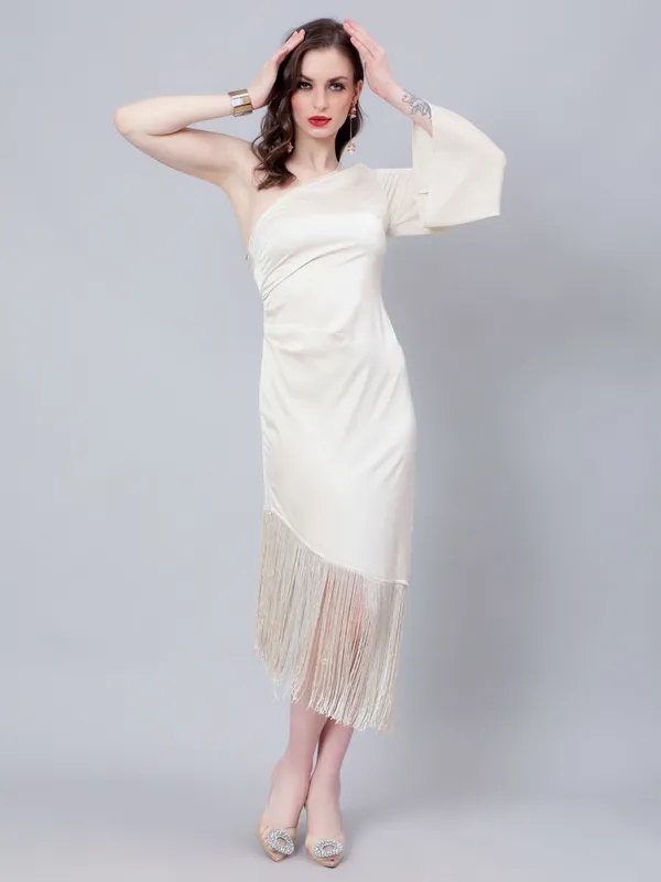 Fringe-Trimmed Party Dress S Cream