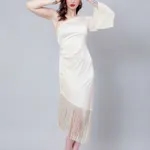 Fringe-Trimmed Party Dress S Cream