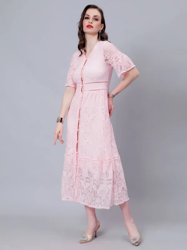 Shop for Retro Lace Swing Dress XS Pink Online