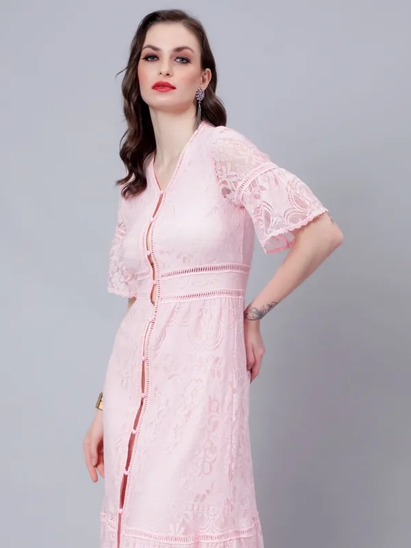 Buy Stylish Retro Lace Swing Dress XS Pink Online