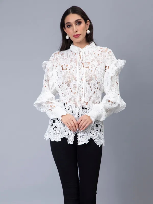 Lace Oversize Shirt S White