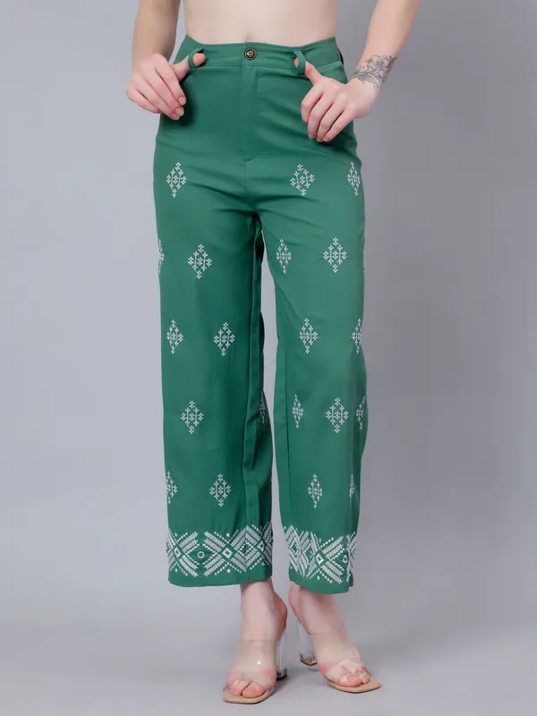 Buy Stylish High Waist Embroidered Trousers XS Green Online