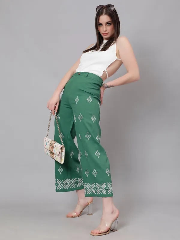 Buy High Waist Embroidered Trousers XS Green Online