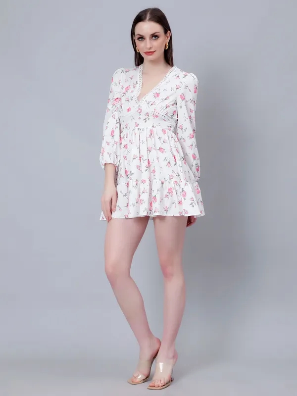 Ditsy Floral Print Mini Dress S White