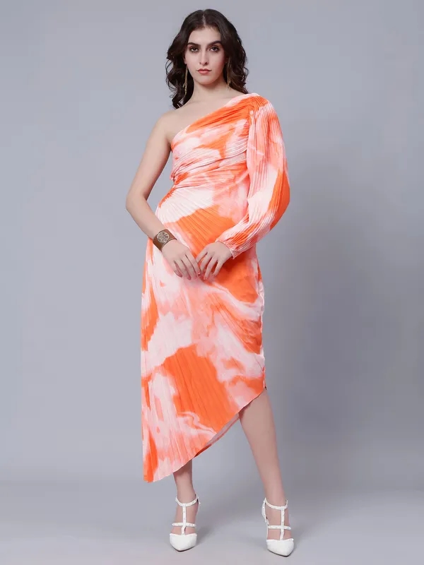 Shop for One-Shoulder Pleated Maxi Dress One Size Orange Online