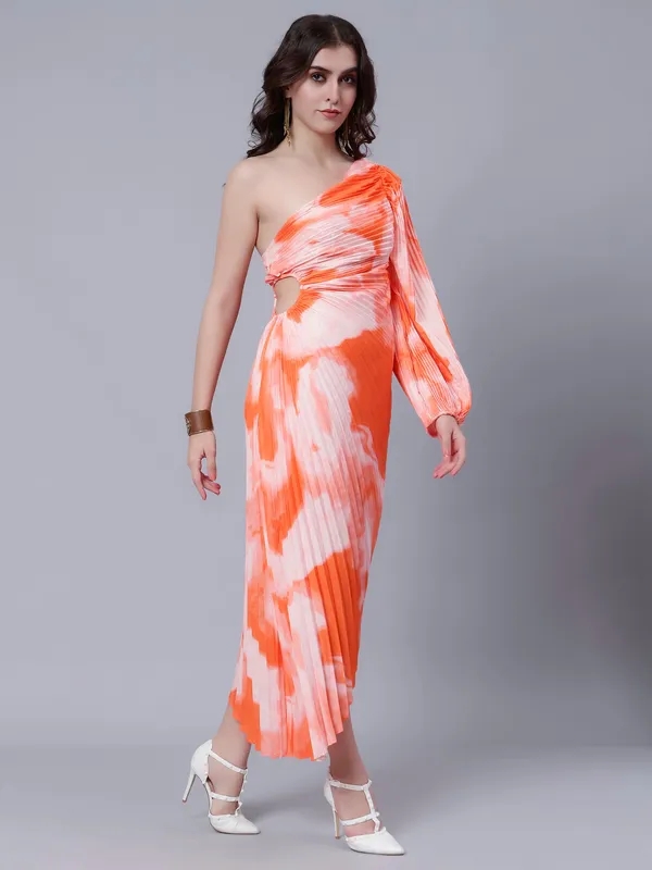 One-Shoulder Pleated Maxi Dress One Size Orange