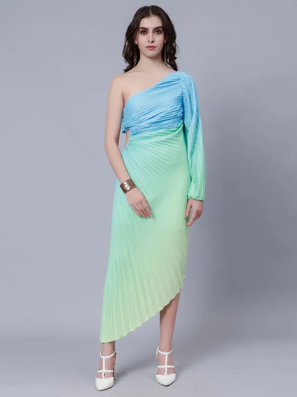 Buy One-Shoulder Pleated Maxi Dress One Size Blue-Green at Best Price