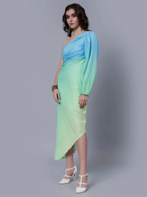 Buy Stylish One-Shoulder Pleated Maxi Dress One Size Blue-Green Online