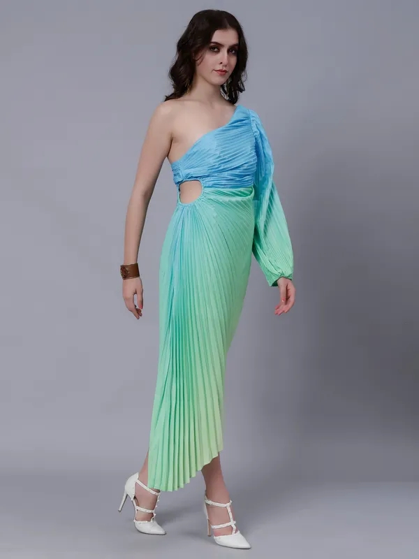 One-Shoulder Pleated Maxi Dress One Size Blue-Green