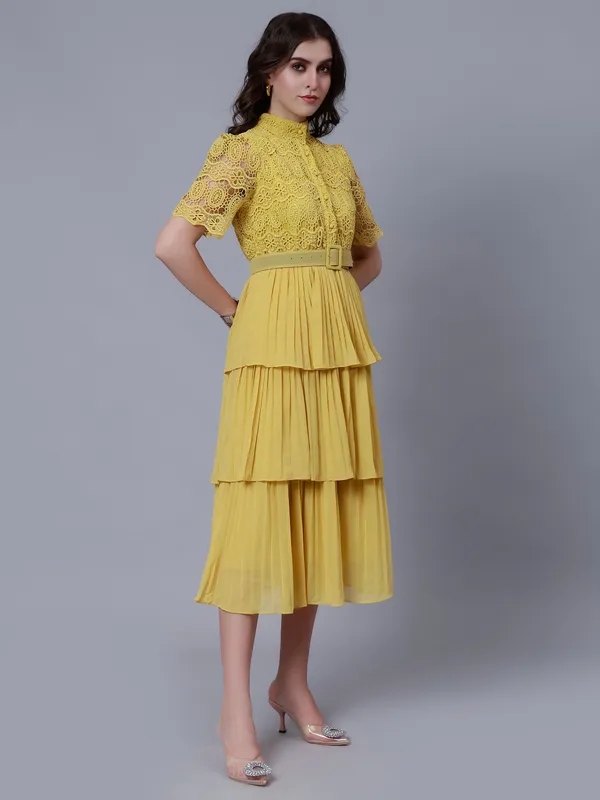 Lace Patchwork Pleated Dress One Size Mustard