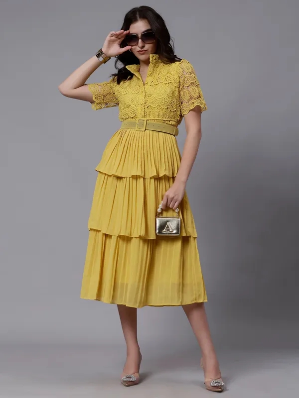Lace Patchwork Pleated Dress One Size Mustard