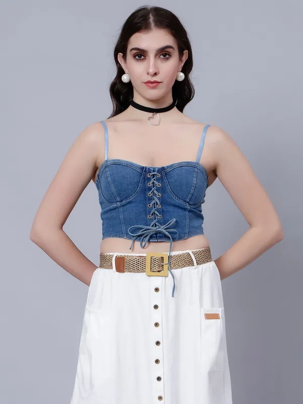 Lace-Up Denim Crop Top One Size Blue