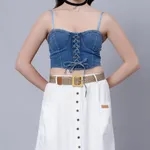 Lace-Up Denim Crop Top One Size Blue