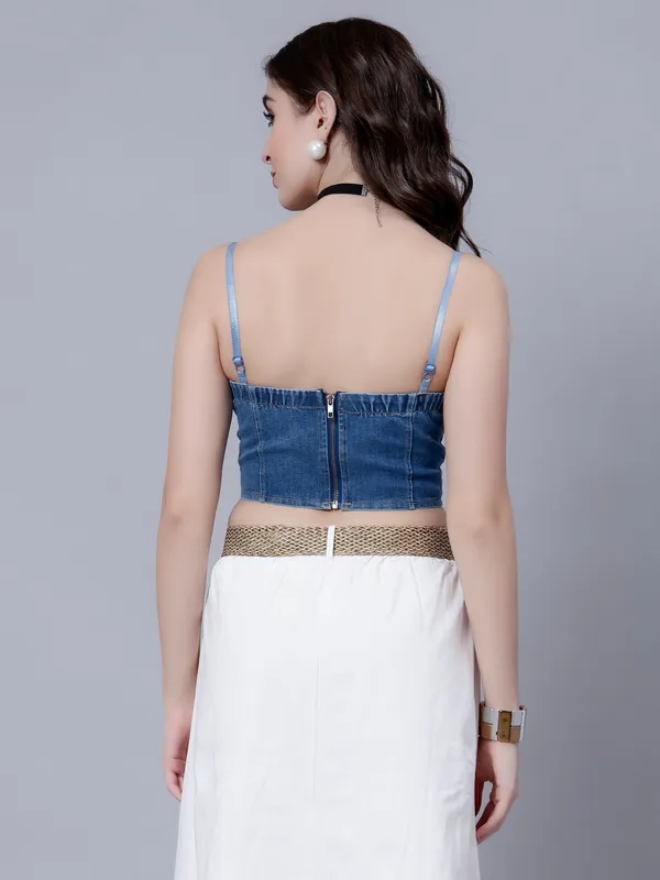 Buy Lace-Up Denim Crop Top One Size Blue