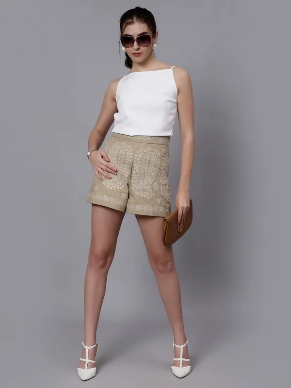 Buy Embroidered Exquisite Pattern Shorts XS Beige