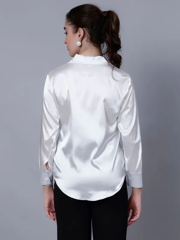 Elegant Ribbon Satin Shirt  S Pearl White