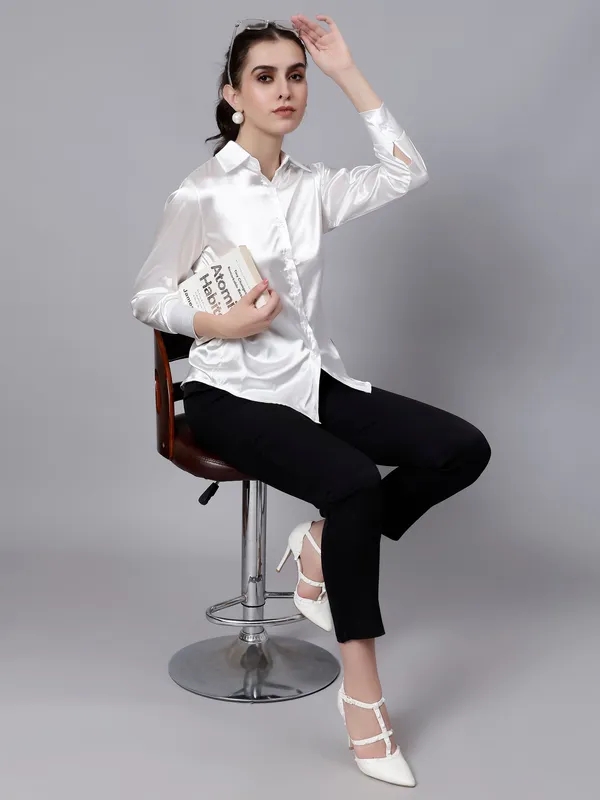 Elegant Ribbon Satin Shirt  S Pearl White