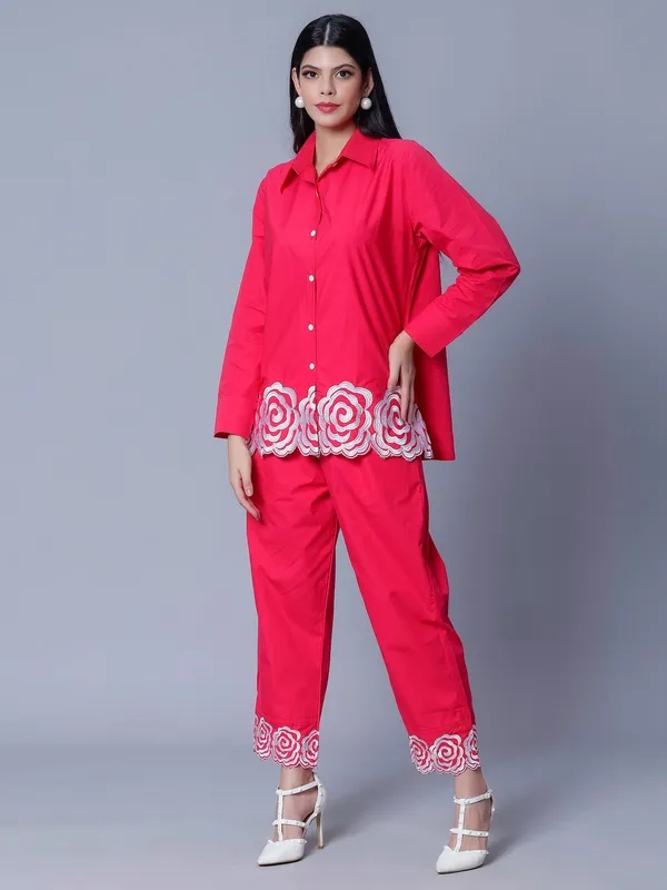 Buy Flower Embroidery Two-Piece Set One Size Dark Pink