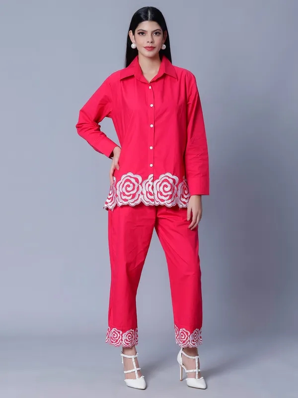 Buy Flower Embroidery Two-Piece Set One Size Dark Pink at Best Price