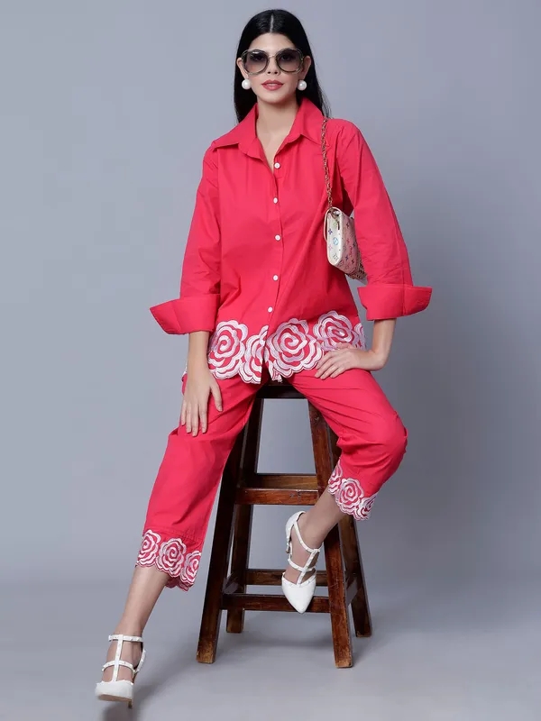 Flower Embroidery Two-Piece Set One Size Dark Pink