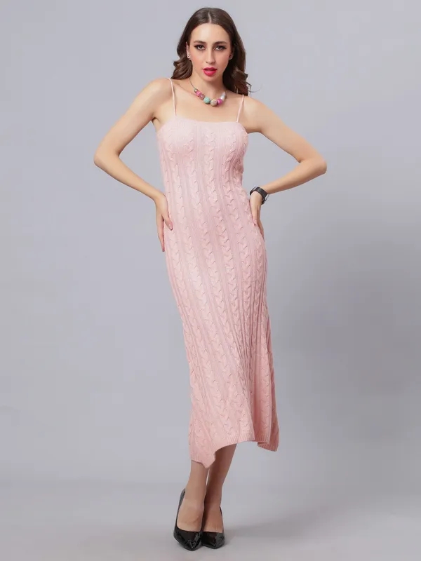 Cable Knitted Midi Dress One Size Pink