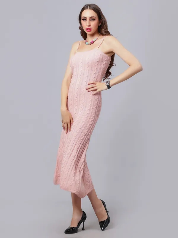 Buy Stylish Cable Knitted Midi Dress One Size Pink Online