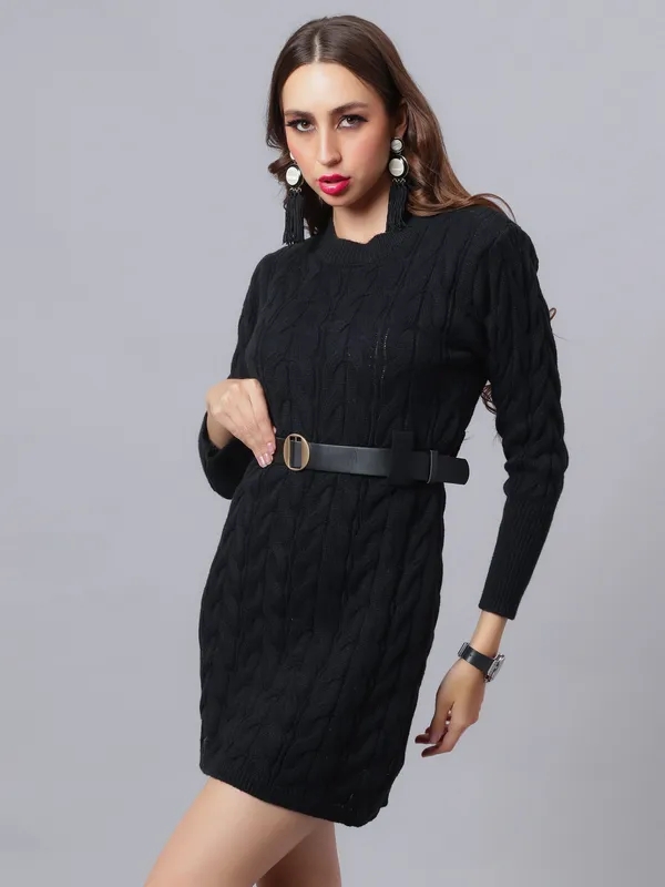 Buy Winter Cable Knitted Sweater Dress One Size Black at Best Price