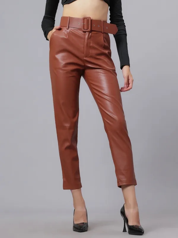 Faux Leather Winter Pants XS Brown