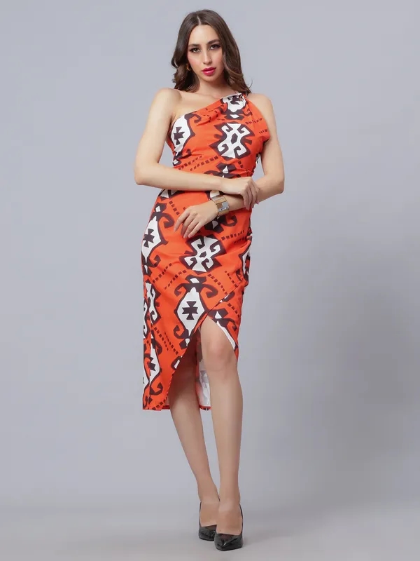 Buy Stylish Hot Orange Printed Dress XS Orange Online