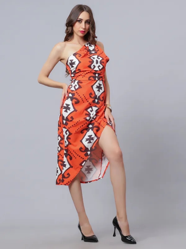 Shop for Hot Orange Printed Dress XS Orange Online