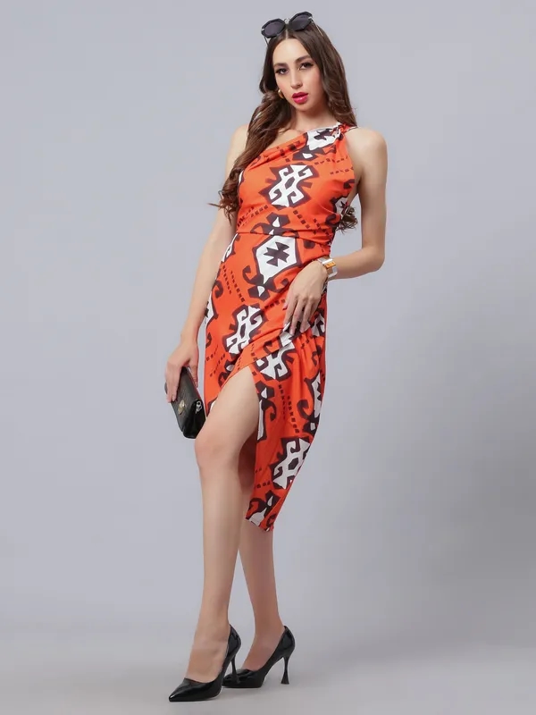 Buy Hot Orange Printed Dress XS Orange