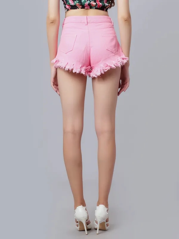 Buy Hot Frayed Denim Shorts XS Pink Online