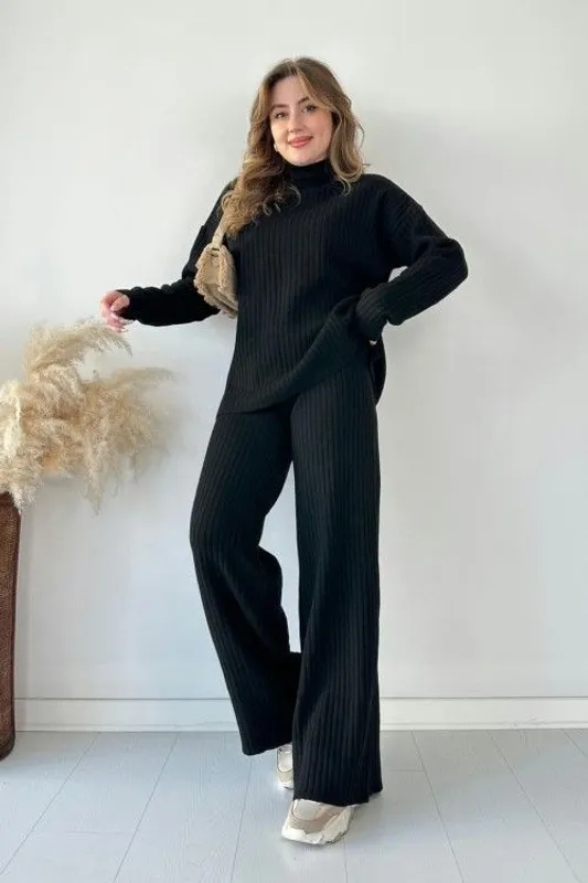 Warm Knitted Two Piece Set One Size Black