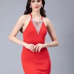 Halter Rhinestone Fringes Necklace Dress One Size Red