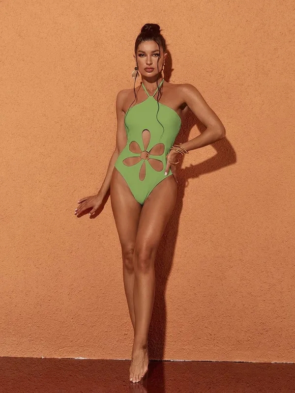 Buy Cut Out Halter Monokini S Green at Best Price