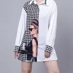 Houndstooth Pattern Oversized Shirt One Size White-Black